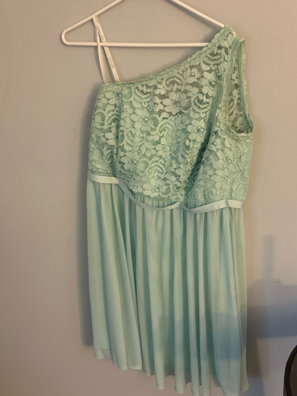 David's Bridal One-Shoulder Lace Bodice Chiffon Dress in Mint